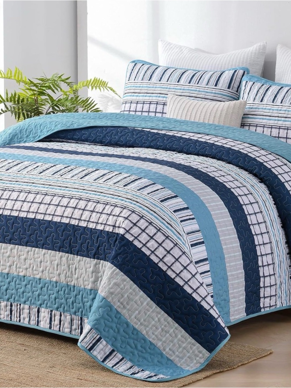Blue Striped Quilt Set - Unbranded